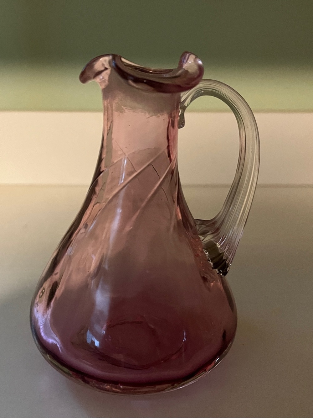 Delicate Pink Handblown Glass Pitcher with Clear Handle